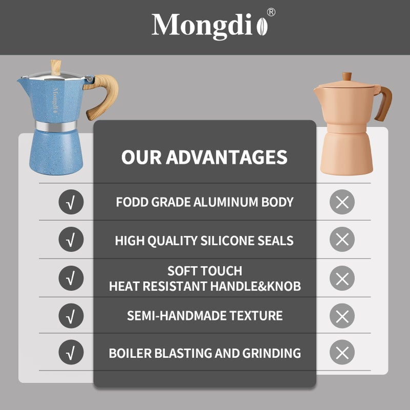 Mongdio Stovetop Espresso Maker Moka Pot, Cuban Coffee Maker Stove top coffee maker Moka Italian Espresso Greca Coffee Maker Brewer Percolator, 6 Espresso Cups, 10 oz - Blue - Image 3