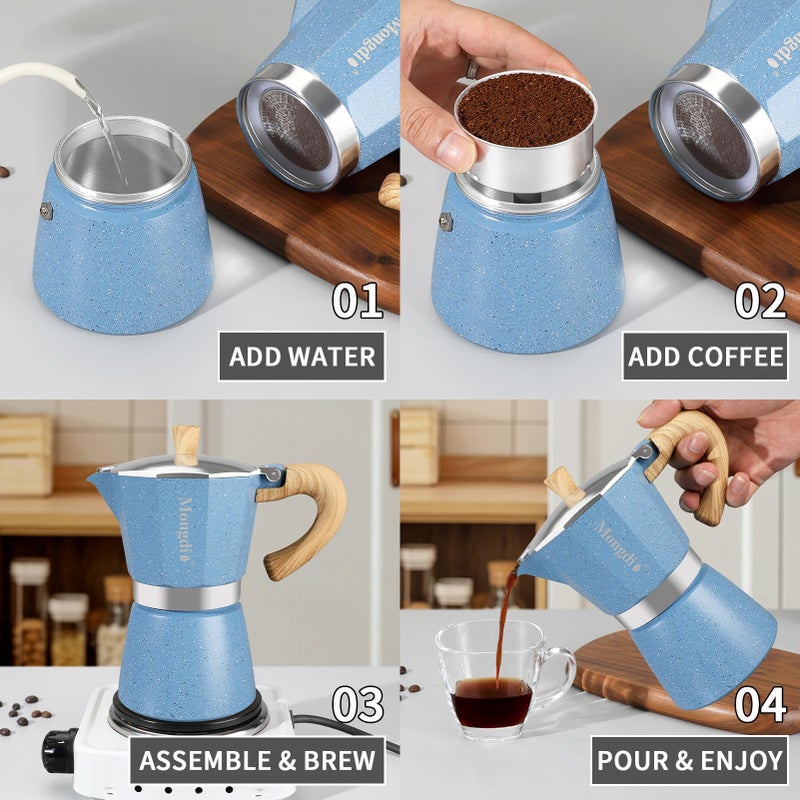 Mongdio Stovetop Espresso Maker Moka Pot, Cuban Coffee Maker Stove top coffee maker Moka Italian Espresso Greca Coffee Maker Brewer Percolator, 6 Espresso Cups, 10 oz - Blue - Image 2