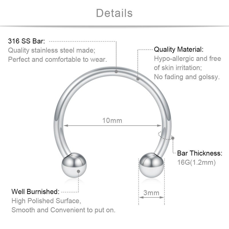 SCERRING 12PCS 10mm Mix Color Stainless Steel Nose Horseshoe Hoop Rings Eyebrow Lip Ear Tragus Septum Piercing Hanger Retainer 16G - Image 2