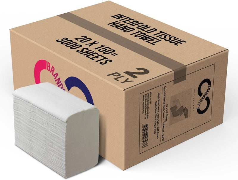 BRANDSFINITY مناديل يد مناديل Brandsfinity Interfold مزدوجة الطبقة - 3000 ورقة مطبوعة، 20 * 150 ناعمة وذات امتصاص عالي للمراحيض العامة والمطابخ والمكاتب - Image 1