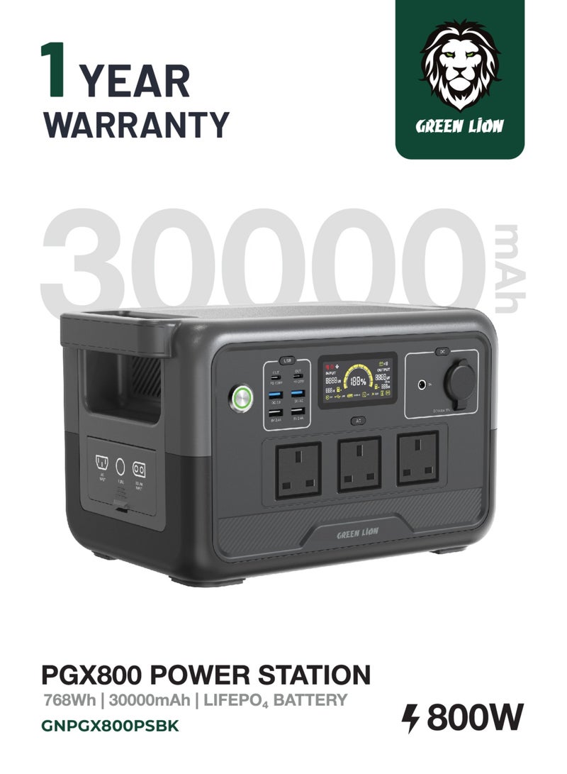 GREEN LION PGX800 Portable Power Station / 768Wh 240000mAh 800W (LiFePO4) Generator / Total Output 1177W Max / 240W Solar Input / 600W AC Input / Wireless Output 10W /  Car Charger 12V  - Black - Image 1