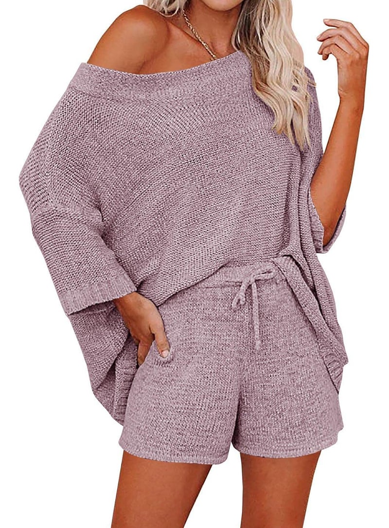 Ermonn Womens Long Sleeve Pajama Set Off Shoulder Knit Tops and Shorts Sleepwear Loungewear Boho Sweater Sets Purple