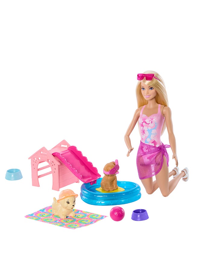 Barbie Puppy Pool Party Toy Playset With Fashion Doll, Doghouse & Slide, Heart-Shaped Pool, 2 Pet Dog Figures, 6 Accessories & Color Change - Image 1