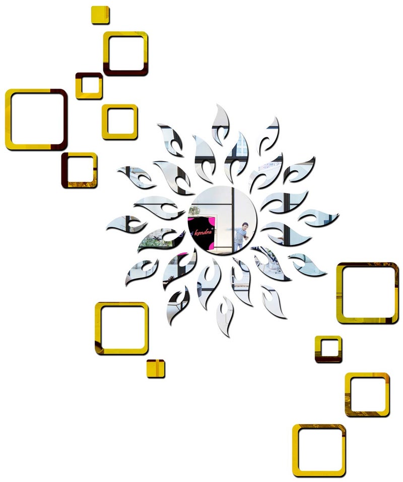 Bikri Kendra Chote Mote Seller Sun Silver with 12 Square Golden Mirror Stickers for Wall Mirror Stickers for Wall Acrylic Stickers Wall Stickers for Hall Room Bed Room Kitchen. - Image 1