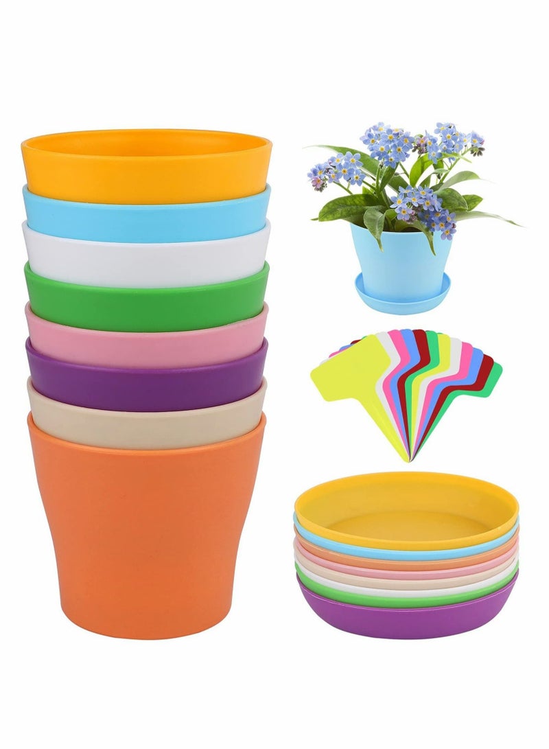 Excefore Plastic Planters,8 Pieces Plastic Planters with Trays Outdoor Flower Plant Pots Multi Color Seedling Nursery Pots with 12 Pcs Tags Decorative Gardening Containers for Indoor Outdoor House Office Desk - Image 1