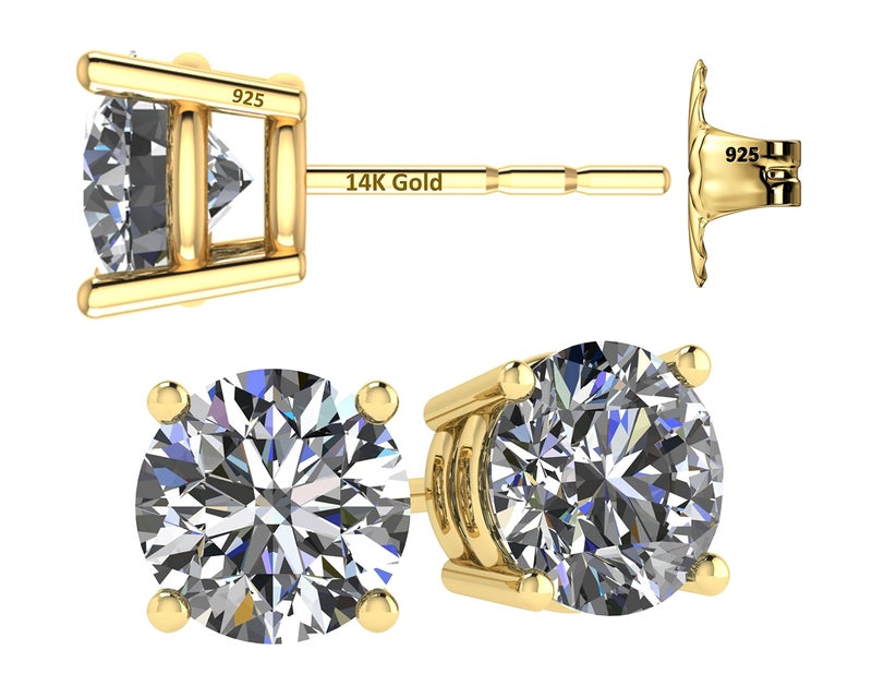 Central Diamond Center Women’s 14k Gold post & Sterling Silver – Yellow, 4 Prong CZ Stud Earrings (10.0mm - 8.00cttw) - Image 1