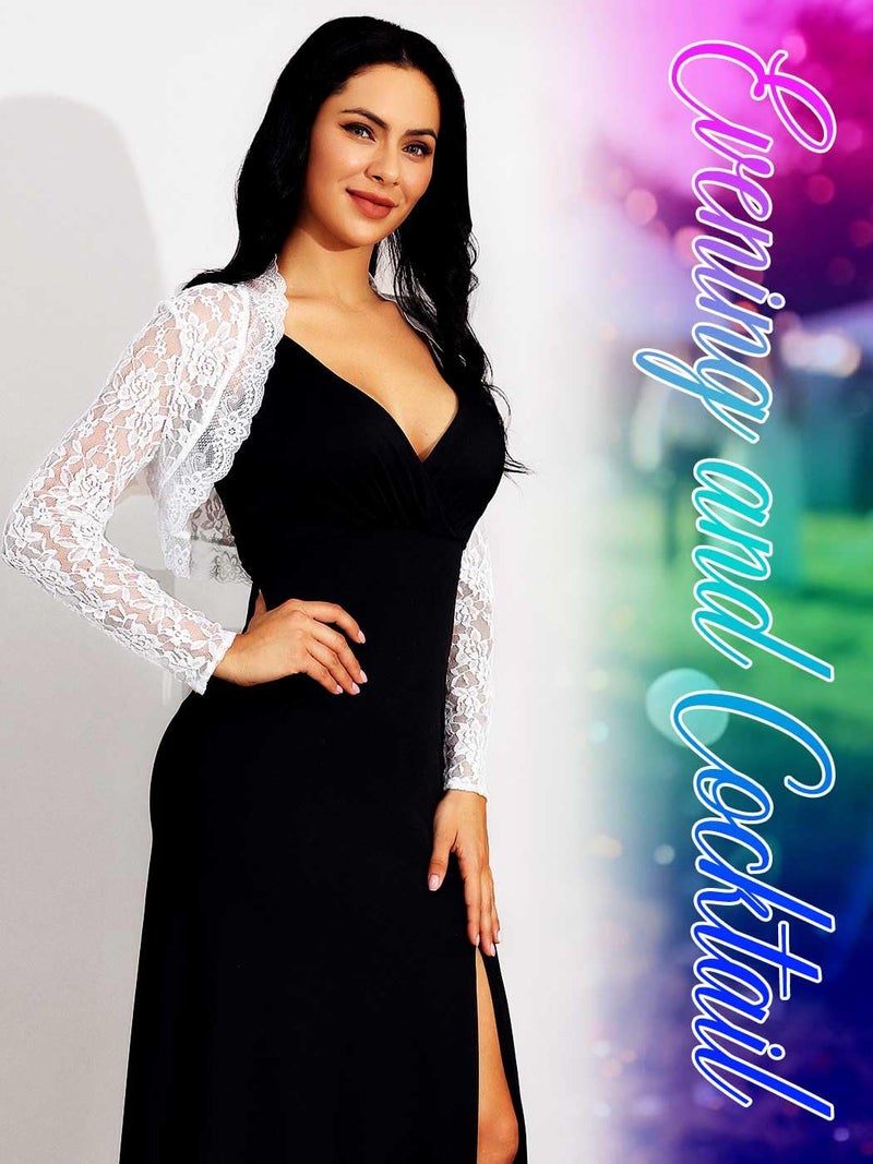 GORAIS جاكيتات بوليرو من قماش الدانتيل للنساء لفساتين السهرة بأكمام طويلة، شروحات زفاف للعروس ووصيفات العروس باللون الأبيض - Image 5