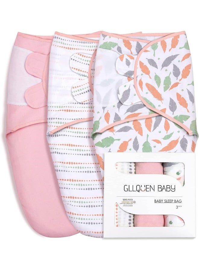 Gllquen Baby GLLQUEN BABY Swaddle Blankets for Baby Girls, Orange Pink Feather & Wave Point, 3 Pack Wrap Set, Newborn Adjustable Swaddles Sleep Sack, 0-3 Months (Small/Medium)  - Image 1