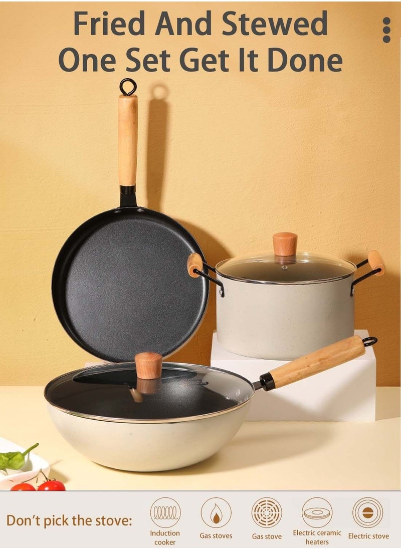 MIXDE - 3 Piece Cookware Set Non Stick Coating Three Piece Pot Set Wok Frying Pan Soup Pan Uniform Heat Conduction White - Image 1