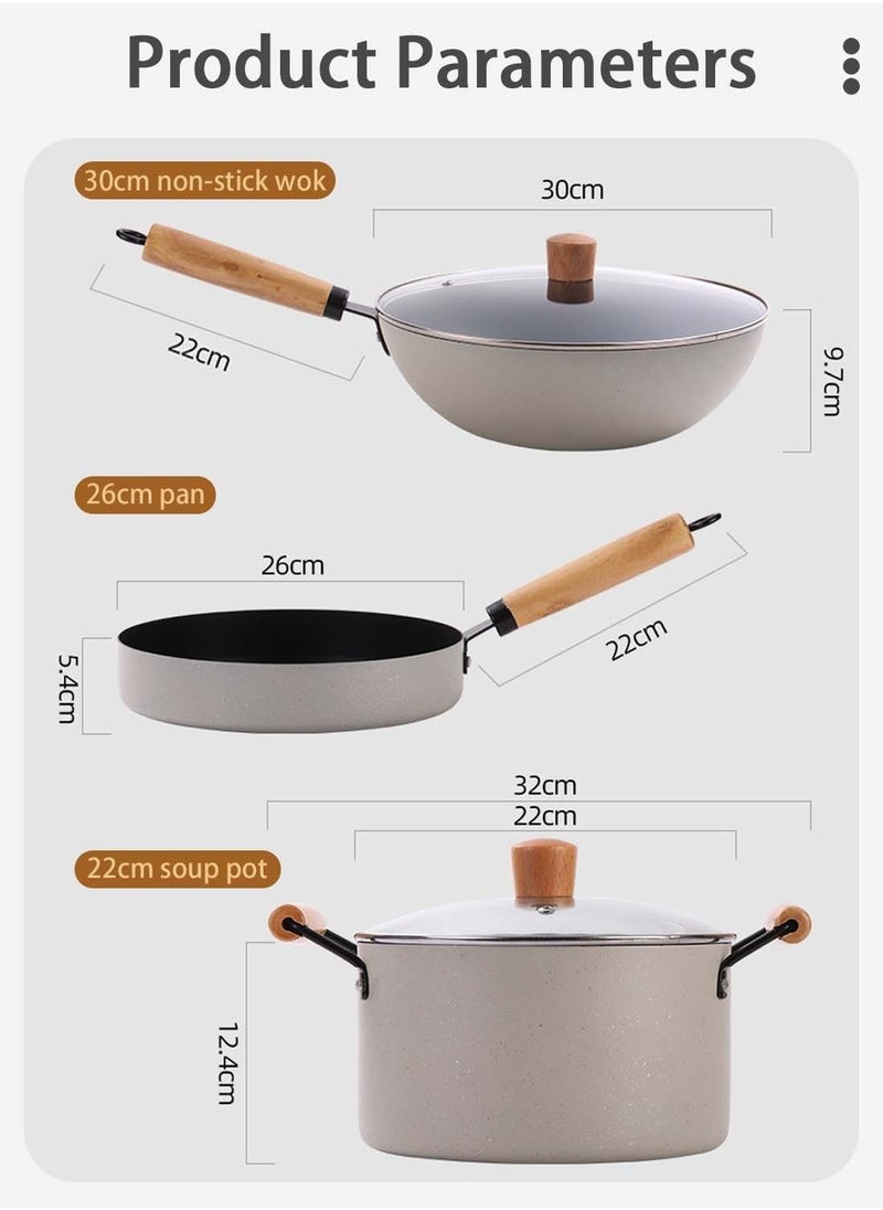 MIXDE - 3 Piece Cookware Set Non Stick Coating Three Piece Pot Set Wok Frying Pan Soup Pan Uniform Heat Conduction White - Image 1