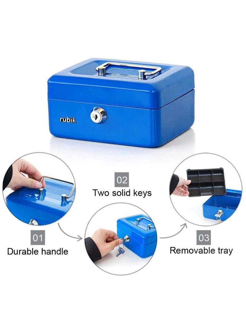 Small Cash Box Steel Register with Tray and Lock Durable Portable Money Box Safe for Bills Jewelry Receipts Coins (15x12x7.5cm) Blue