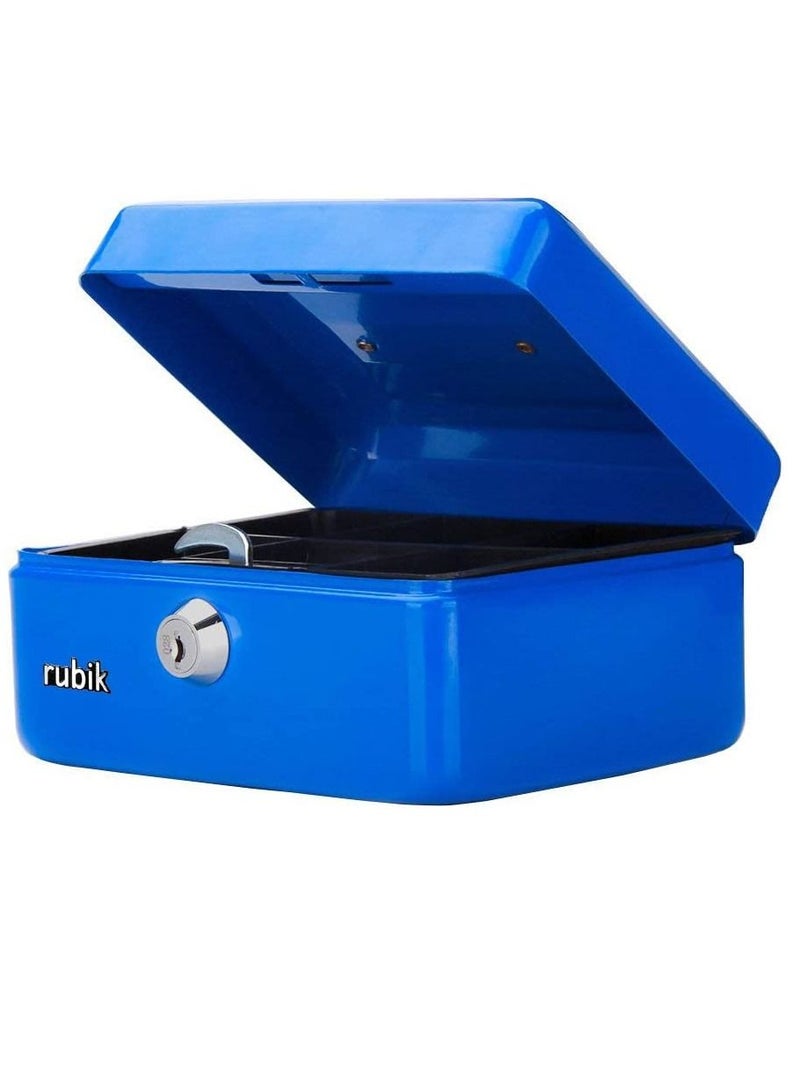 Small Cash Box Steel Register with Tray and Lock Durable Portable Money Box Safe for Bills Jewelry Receipts Coins (15x12x7.5cm) Blue