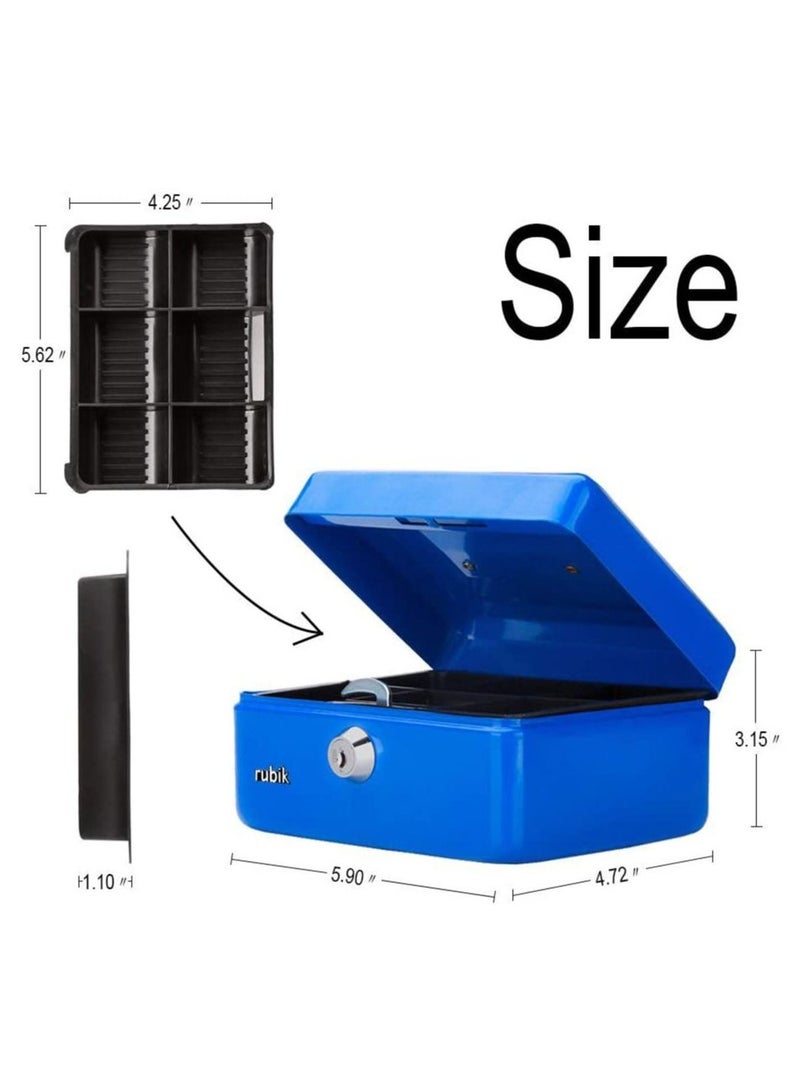 Small Cash Box Steel Register with Tray and Lock Durable Portable Money Box Safe for Bills Jewelry Receipts Coins (15x12x7.5cm) Blue