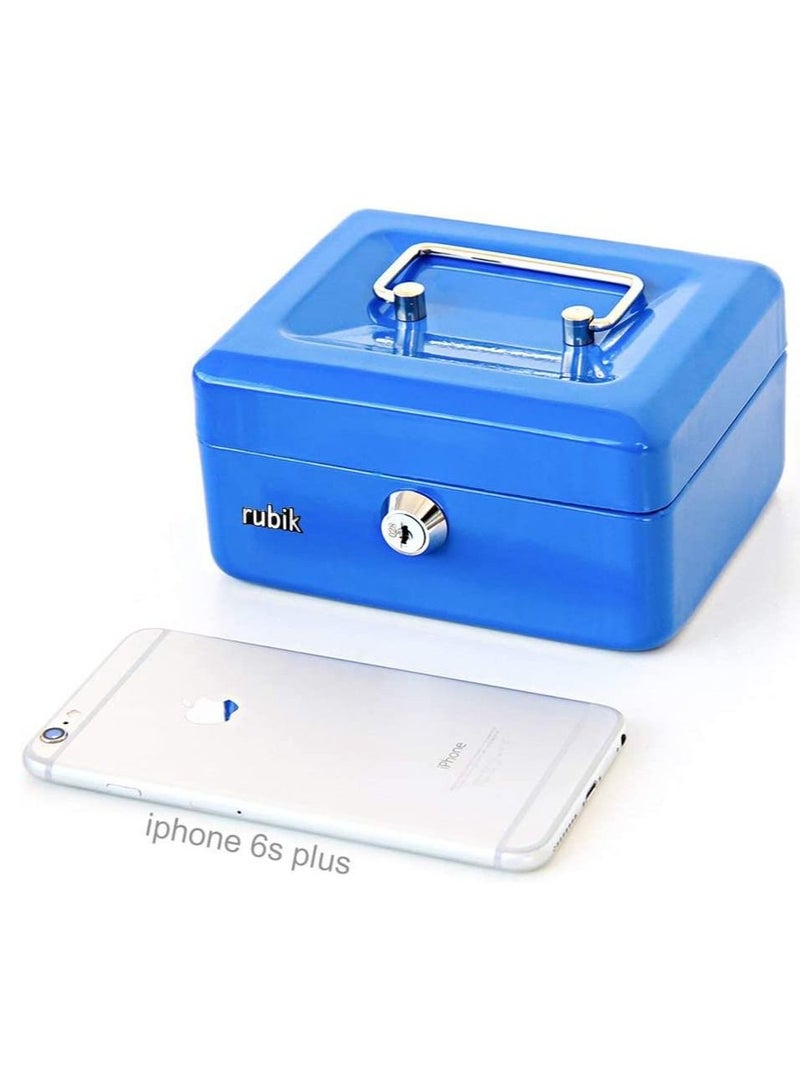 Small Cash Box Steel Register with Tray and Lock Durable Portable Money Box Safe for Bills Jewelry Receipts Coins (15x12x7.5cm) Blue