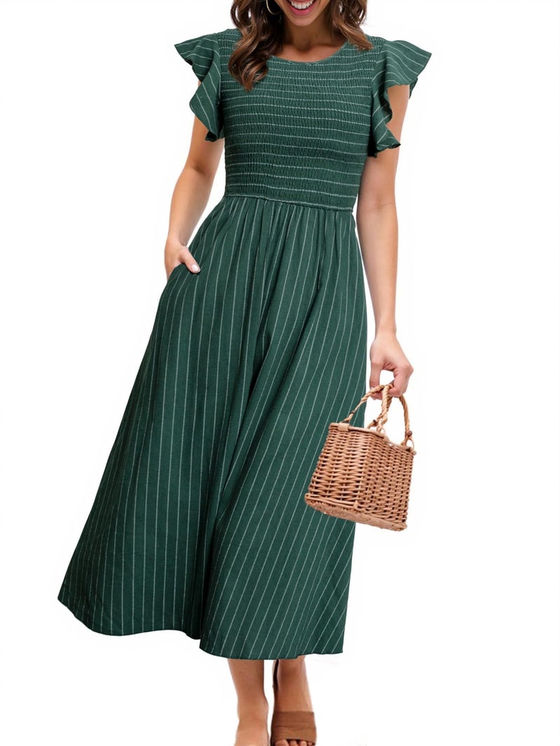 Simplee Apparel Simplee Womens Striped Midi Summer Dress Linen Casual Flutter Short Sleeve Crew Neck Smocked Elastic Waist Tiered Beach Dress(Dark Green L) - Image 1