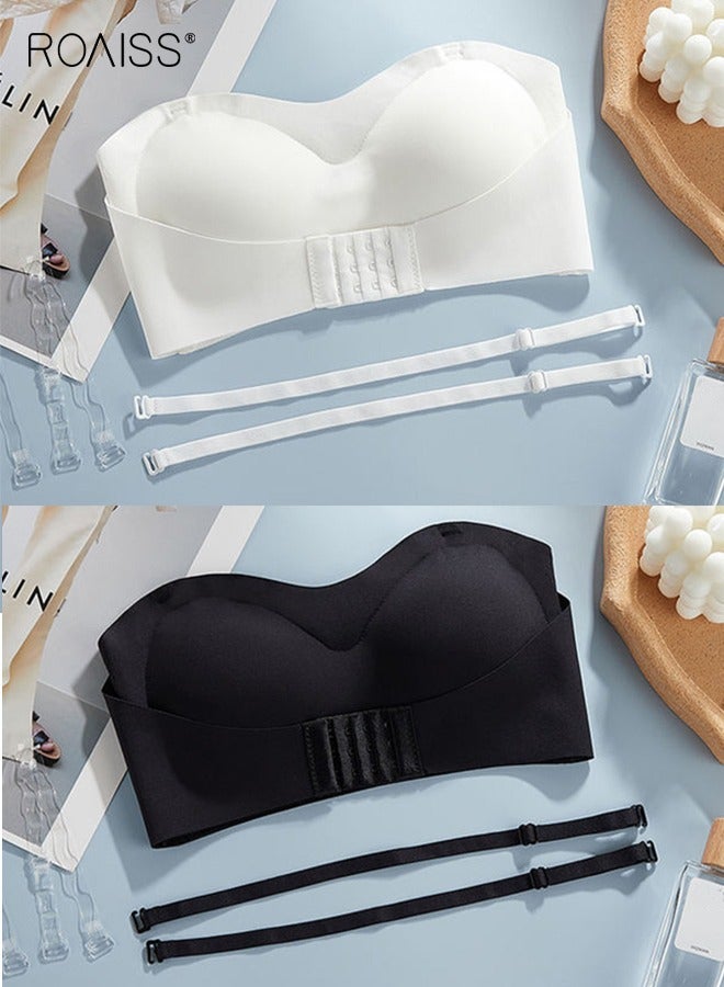 roaiss 2Pcs Women's Strapless Tube Top Underwear Without Steel Ring Push Up Bra Black/White - Image 1