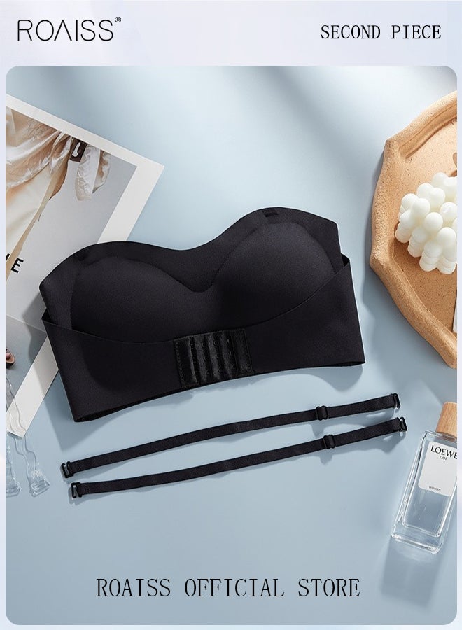 roaiss 2Pcs Women's Strapless Tube Top Underwear Without Steel Ring Push Up Bra Black/White - Image 3