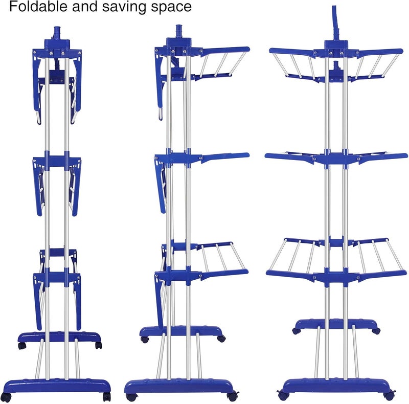 Innotic Clothes Drying Rack, Stainless Steel Oversized 4-Tier Collapsible Rolling Drying Rack Clothing Folding Laundry Drying Rack Stand Indoor/Outdoor with Side Wings and Casters Gray Blue - Image 5