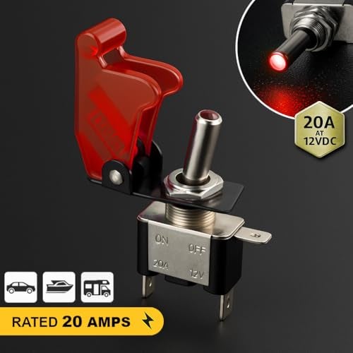 MGI SpeedWare LED Toggle Switch 12V 20A SPST ON/Off with Aircraft Safety Cover (Red, 3-Pack) - Image 3
