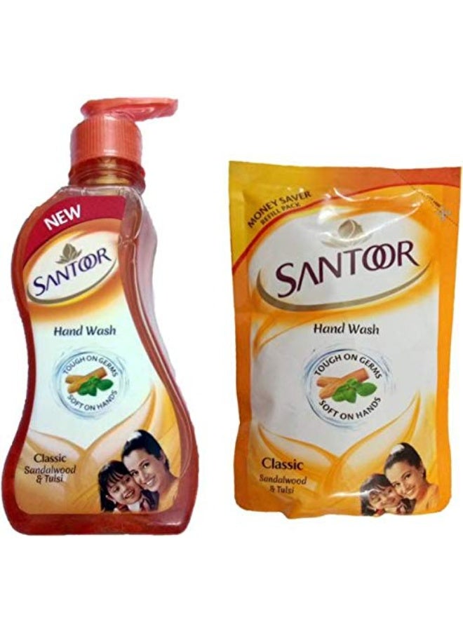 Santoor Classic HANDWASH Sandalwood and Tulsi Soft On 2 Hand Wash POUCH (215 + 180) Pump Dispenser - Image 1