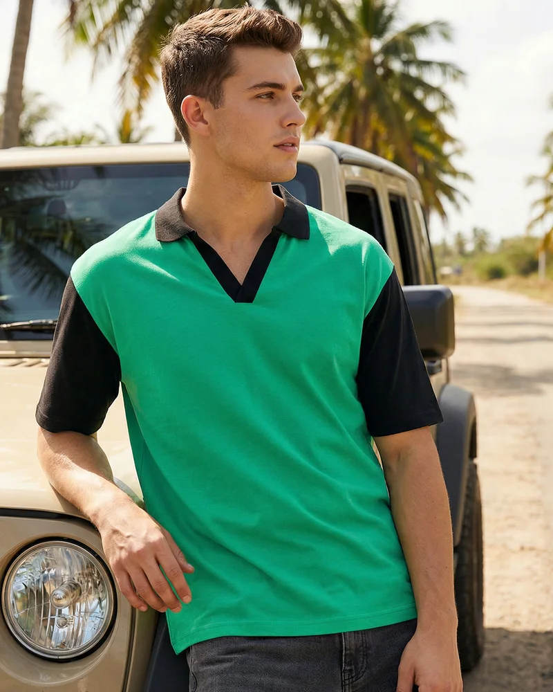Men's Blarney Green Color Block Oversized Polo T-shirt