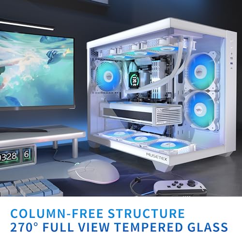 MUSETEX ATX PC Case, 6 PWM ARGB Fans Pre-Installed, 360MM RAD Support, Type-C Gaming PC Case, 270° Full View Tempered Glass Mid Tower, Pure White ATX Computer Case,Y6 - Image 4