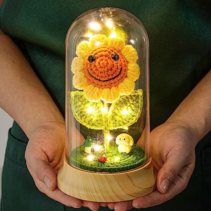 Crochet Sunflower Gifts for Women, Artificial Sun Flower Birthday Gifts for Grandma, in Plastic Dome Sunflower, for Her Mom Mothers Day Christmas Day Gifts B - 4.3 in X 7.5 in - Image 1