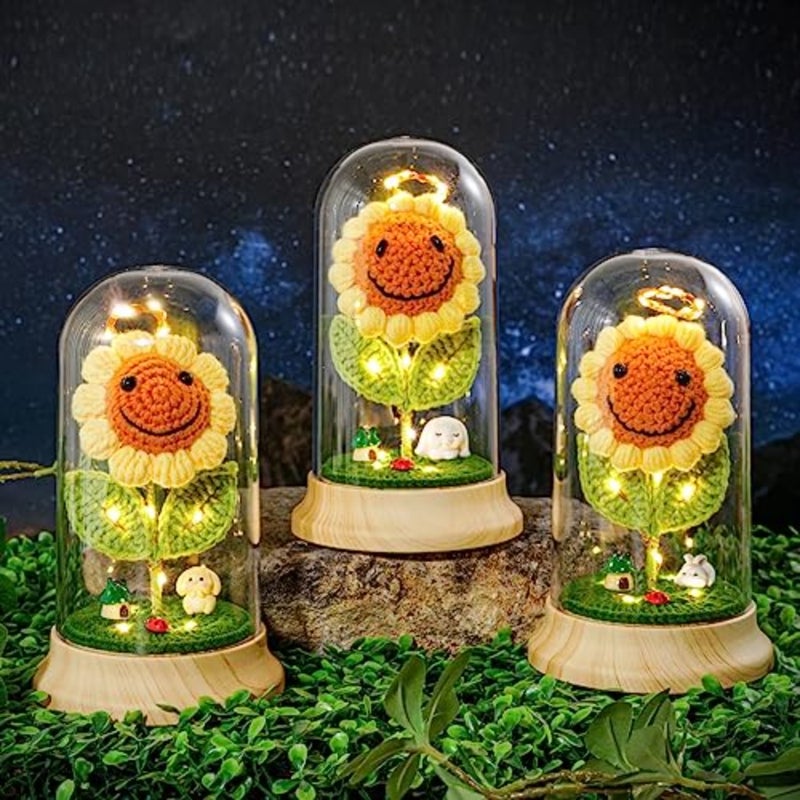 Crochet Sunflower Gifts for Women, Artificial Sun Flower Birthday Gifts for Grandma, in Plastic Dome Sunflower, for Her Mom Mothers Day Christmas Day Gifts B - 4.3 in X 7.5 in - Image 4