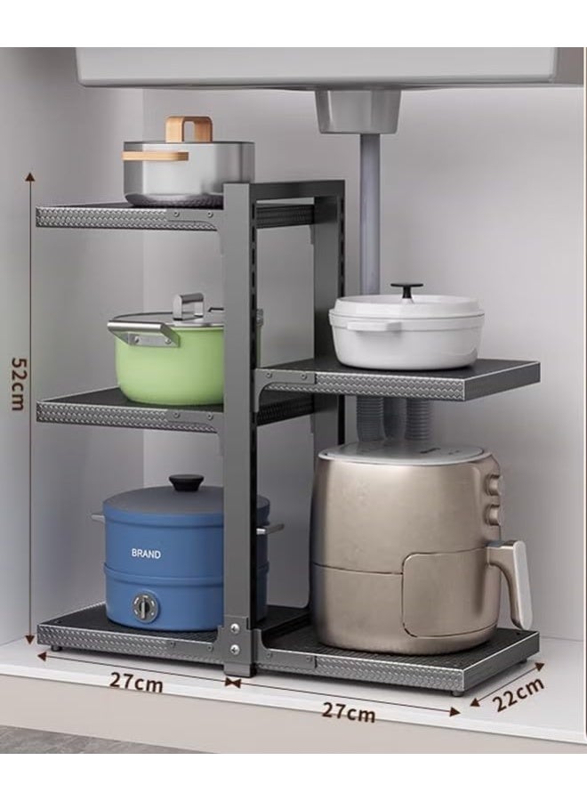 بلومنغ تايم منظم تخزين متعدد الطبقات أسفل الحوض - رف قابل للتعديل للمطبخ باللون الرمادي - Image 3