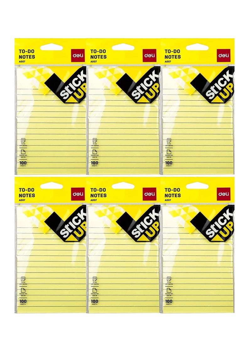 Deli 6-Pad To-Do Ruled Sticky Notes 6x4 Inch Size Yellow Colour - Image 1