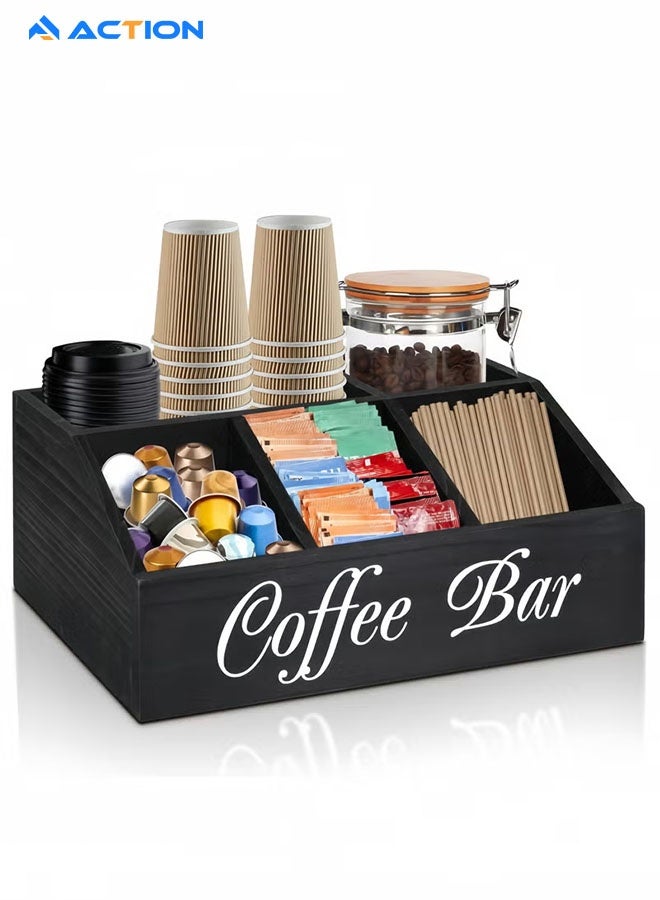 ACTION Coffee Station Organizer for Counter, Wood Coffee Pods Holder Storage Basket, Tea Condiment Storage Organizer, Rustic Bar Decor for Accessories Organizer - Image 1
