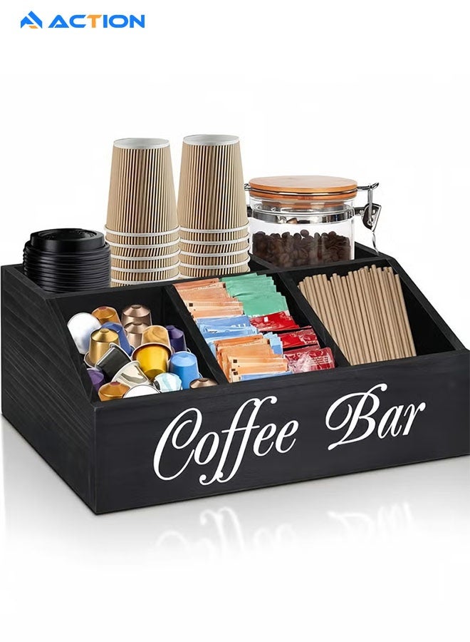 ACTION Coffee Station Organizer for Counter, Wood Coffee Pods Holder Storage Basket, Tea Condiment Storage Organizer, Rustic Bar Decor for Accessories Organizer - Image 3