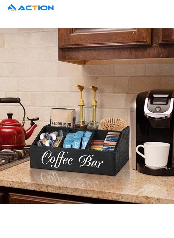 ACTION Coffee Station Organizer for Counter, Wood Coffee Pods Holder Storage Basket, Tea Condiment Storage Organizer, Rustic Bar Decor for Accessories Organizer - Image 4