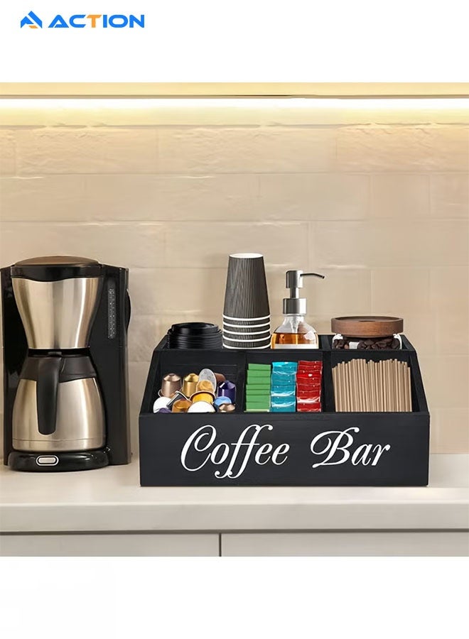 ACTION Coffee Station Organizer for Counter, Wood Coffee Pods Holder Storage Basket, Tea Condiment Storage Organizer, Rustic Bar Decor for Accessories Organizer - Image 5