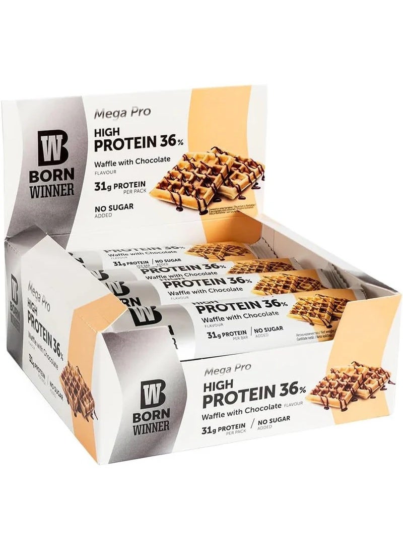 Born Winner Mega Pro Protein Bar Waffle Choco 12 Bars x 85g - High Protein Bar with 31g Protein, No Added Sugar, Large Size Snack - Image 1