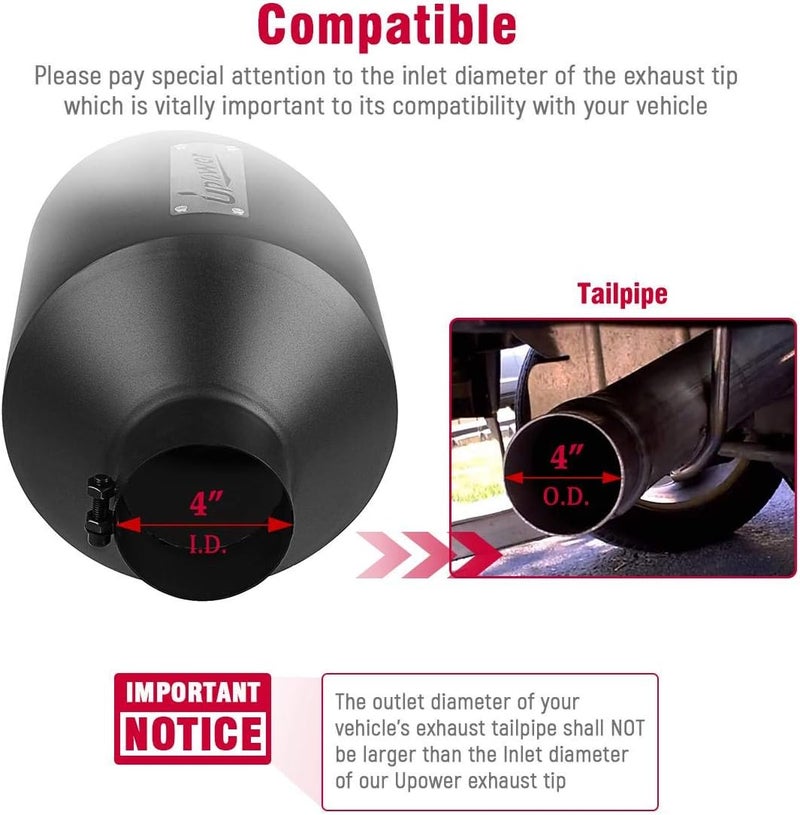 U-Power Exhaust Tips 4" Inlet 10" Outlet 15" Black Long Stainless Steel Bolt-On - Image 2