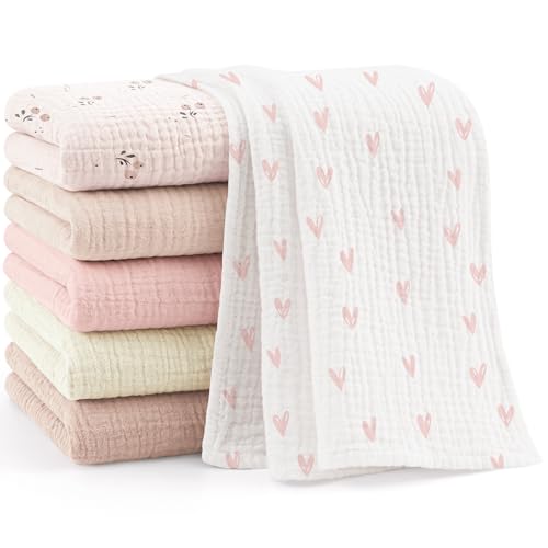 Bearmoss 6 Pack Large Muslin Burp Cloths 100 Cotton Soft Baby Burping Cloths for Boy Girl 236 X 236 Absorbent Milk Spit Up Rags Newborn Essentials Pink Print - Image 1