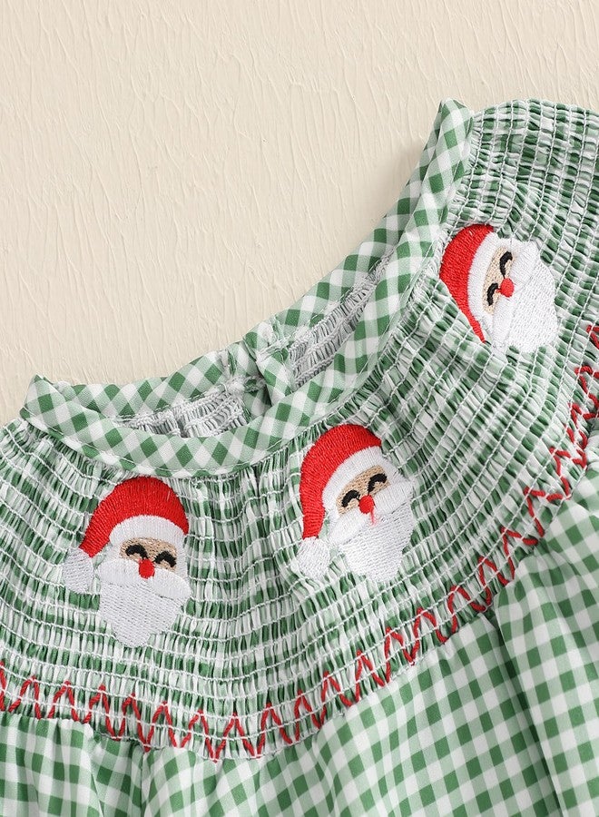 Honganda Newborn Baby Girl Christmas Outfit Plaid Smocked Bubble Romper Santa Claus Gingerbread Man Embroidery Xmas Clothes (Santa Claus Green, 0-3 Months) - Image 4
