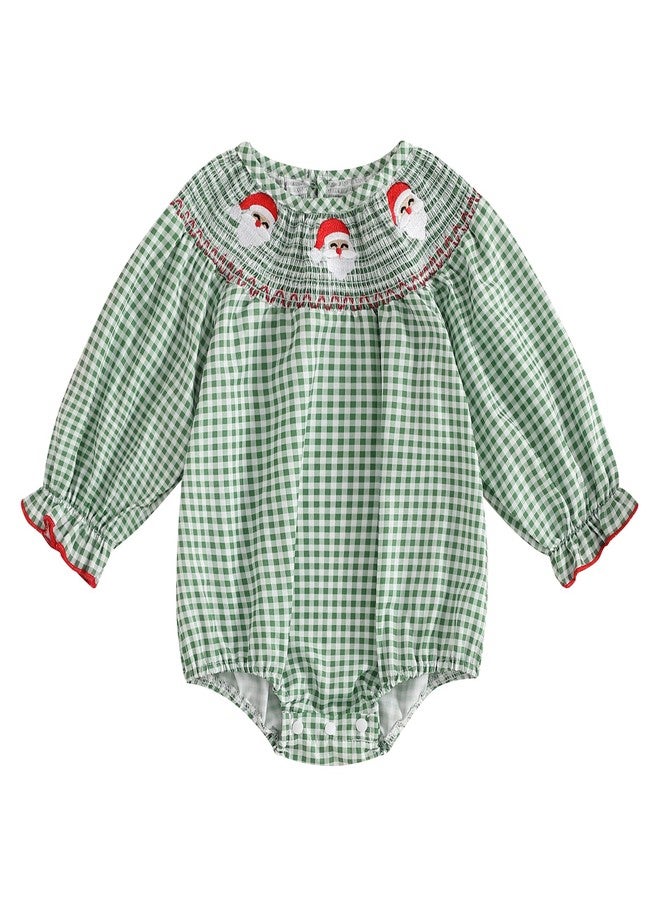 Honganda Newborn Baby Girl Christmas Outfit Plaid Smocked Bubble Romper Santa Claus Gingerbread Man Embroidery Xmas Clothes (Santa Claus Green, 0-3 Months) - Image 1