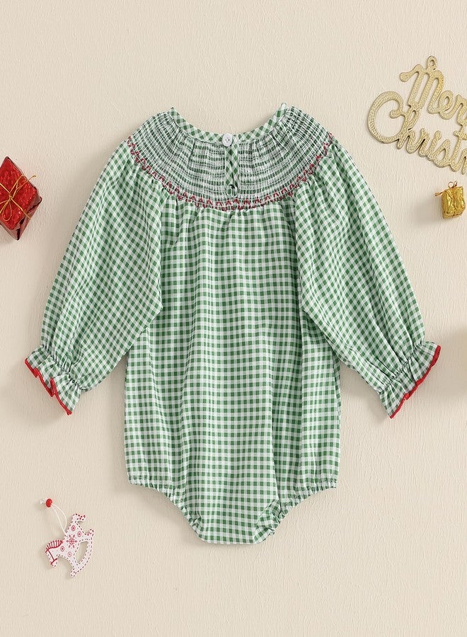 Honganda Newborn Baby Girl Christmas Outfit Plaid Smocked Bubble Romper Santa Claus Gingerbread Man Embroidery Xmas Clothes (Santa Claus Green, 0-3 Months) - Image 3