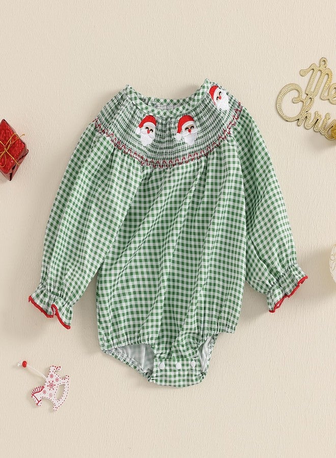 Honganda Newborn Baby Girl Christmas Outfit Plaid Smocked Bubble Romper Santa Claus Gingerbread Man Embroidery Xmas Clothes (Santa Claus Green, 0-3 Months) - Image 2