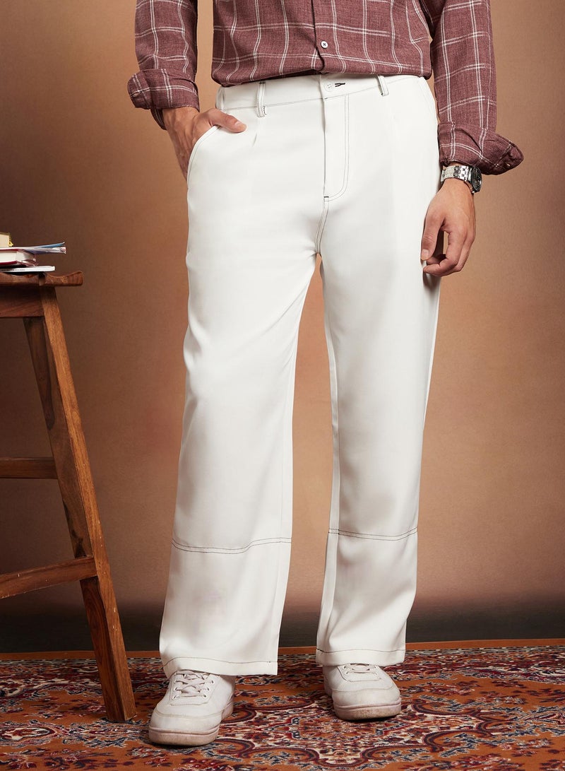 Campus Sutra Campus Sutra Men's Cream White Contrast-Stitch Straight Trousers For Casual Wear | Mid-Rise | Straight Fit | Button Closure | Trousers Crafted With Comfort Fit For Everyday Wear  - Image 2