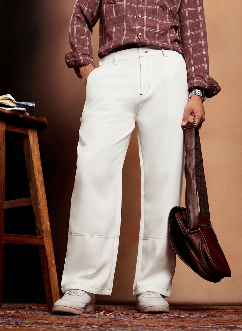 Campus Sutra Campus Sutra Men's Cream White Contrast-Stitch Straight Trousers For Casual Wear | Mid-Rise | Straight Fit | Button Closure | Trousers Crafted With Comfort Fit For Everyday Wear  - Image 1
