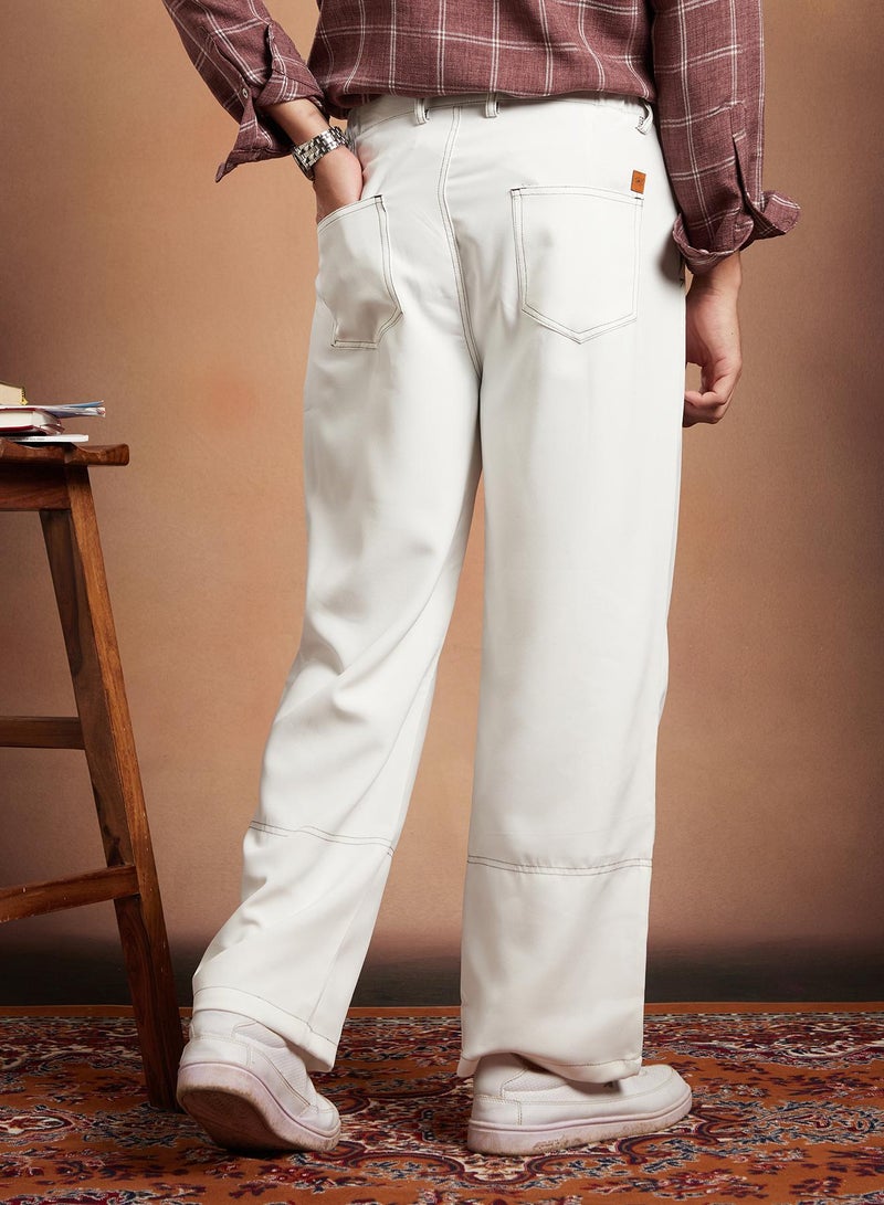 Campus Sutra Campus Sutra Men's Cream White Contrast-Stitch Straight Trousers For Casual Wear | Mid-Rise | Straight Fit | Button Closure | Trousers Crafted With Comfort Fit For Everyday Wear  - Image 5