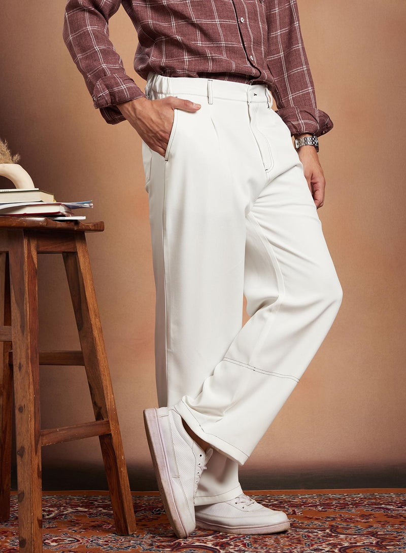 Campus Sutra Campus Sutra Men's Cream White Contrast-Stitch Straight Trousers For Casual Wear | Mid-Rise | Straight Fit | Button Closure | Trousers Crafted With Comfort Fit For Everyday Wear  - Image 3