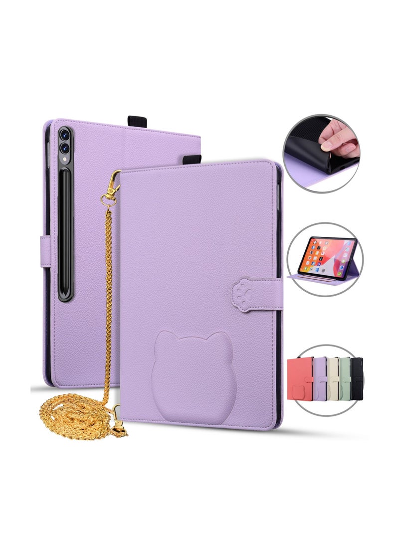 عام غلاف متوافق مع Samsung Tab S11 Ultra 14.6 إنش، غطاء لوحي بملمس جلد مع حامل قط وحافظة بطاقات وسلسلة، مقاوم للسقوط والخدوش، أنيق وعملي - Image 1