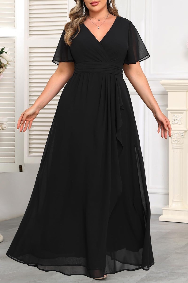 Talisea Plus Size Formal Dresses Black Wedding Guest Evening Prom Gowns Gala Chiffon Short Sleeves A Line Long Dress Curvy Women - Image 2