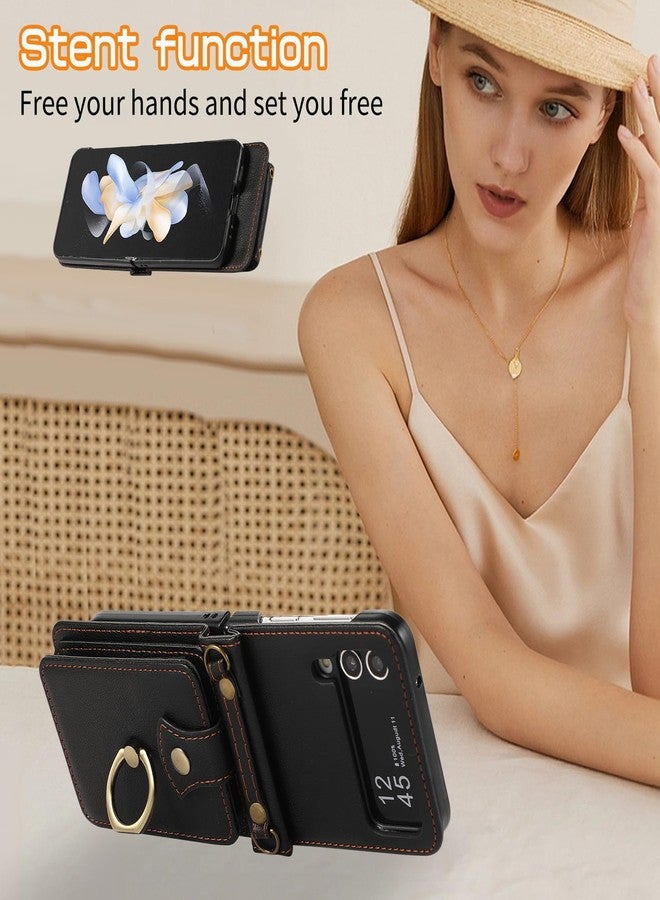 Asuwish Phone Case for Samsung Galaxy Z Flip 4 5G 2022 Wallet Cell Cover with and Crossbody Strap Ring Stand RFID Credit Card Holder ZFlip4 Z4 Flip4 4Z Accessories Kickstand Women Men Girls Black - Image 2