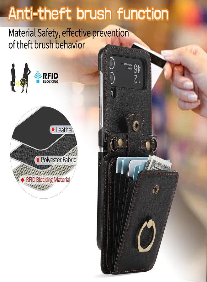 Asuwish Phone Case for Samsung Galaxy Z Flip 4 5G 2022 Wallet Cell Cover with and Crossbody Strap Ring Stand RFID Credit Card Holder ZFlip4 Z4 Flip4 4Z Accessories Kickstand Women Men Girls Black - Image 3