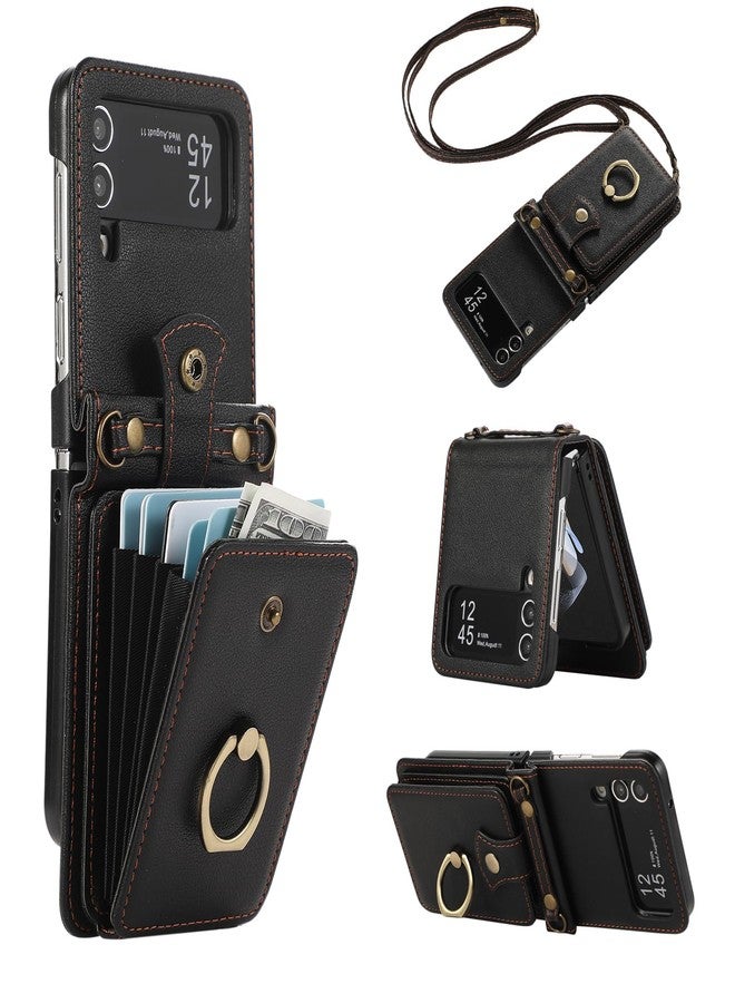 Asuwish Phone Case for Samsung Galaxy Z Flip 4 5G 2022 Wallet Cell Cover with and Crossbody Strap Ring Stand RFID Credit Card Holder ZFlip4 Z4 Flip4 4Z Accessories Kickstand Women Men Girls Black - Image 1